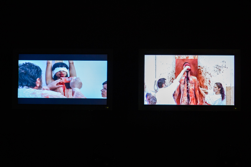 Hermann Nitsch, videos 122. Aktion (2005), The Making Of: Mit Leib und Seelen (2010) and 130. Aktion (2010), exhibition view at the VENICE INTERNATIONAL PERFORMANCE ART WEEK 2012.