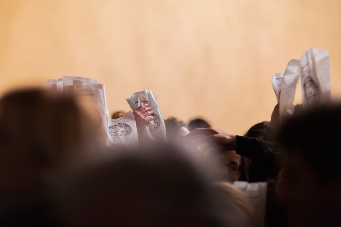 Gianni Emilio Simonetti, Fluxfood Concert In Venice (A multitasking performance). Venice International Performance Art Week (2014). Photograph by Monika Sobczak.